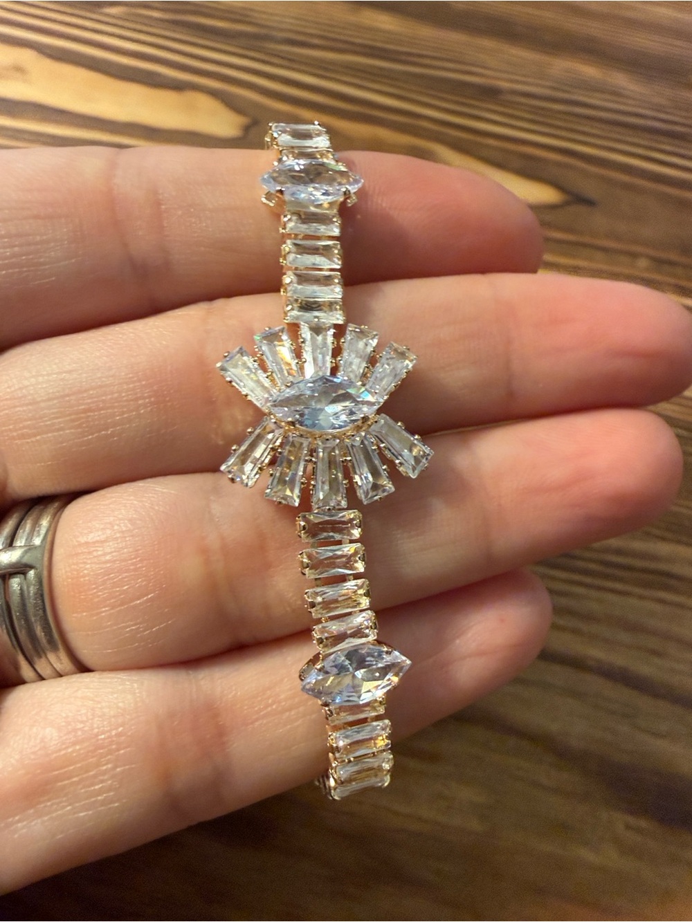 Gold Plated Crystal Clear Bracelet - Statement Tennis Bracelet - Picture 8 of 14